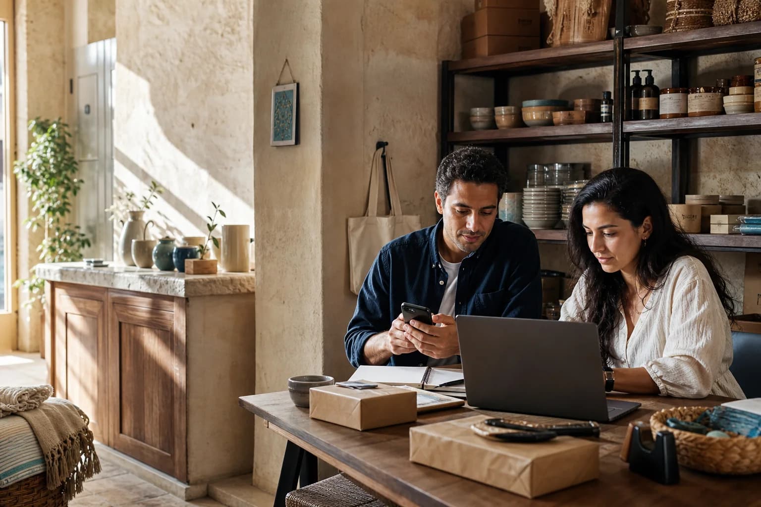 A small business team coordinating customer activity from a phone and laptop